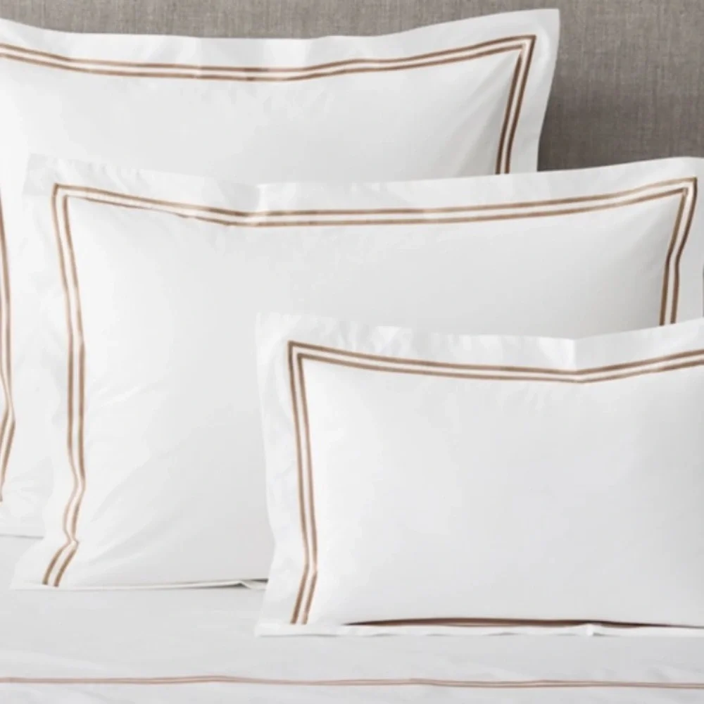 Restoration Hardware ITALIAN WHITE HOTEL SATIN STITCH KING SHAM in Camel